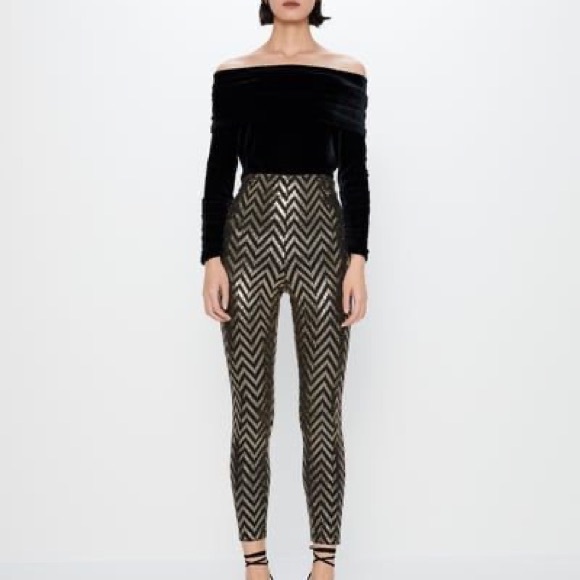 Zara Chevron Gold And Black High Waisted Sequin Leggings S NWT! - Picture 2 of 4